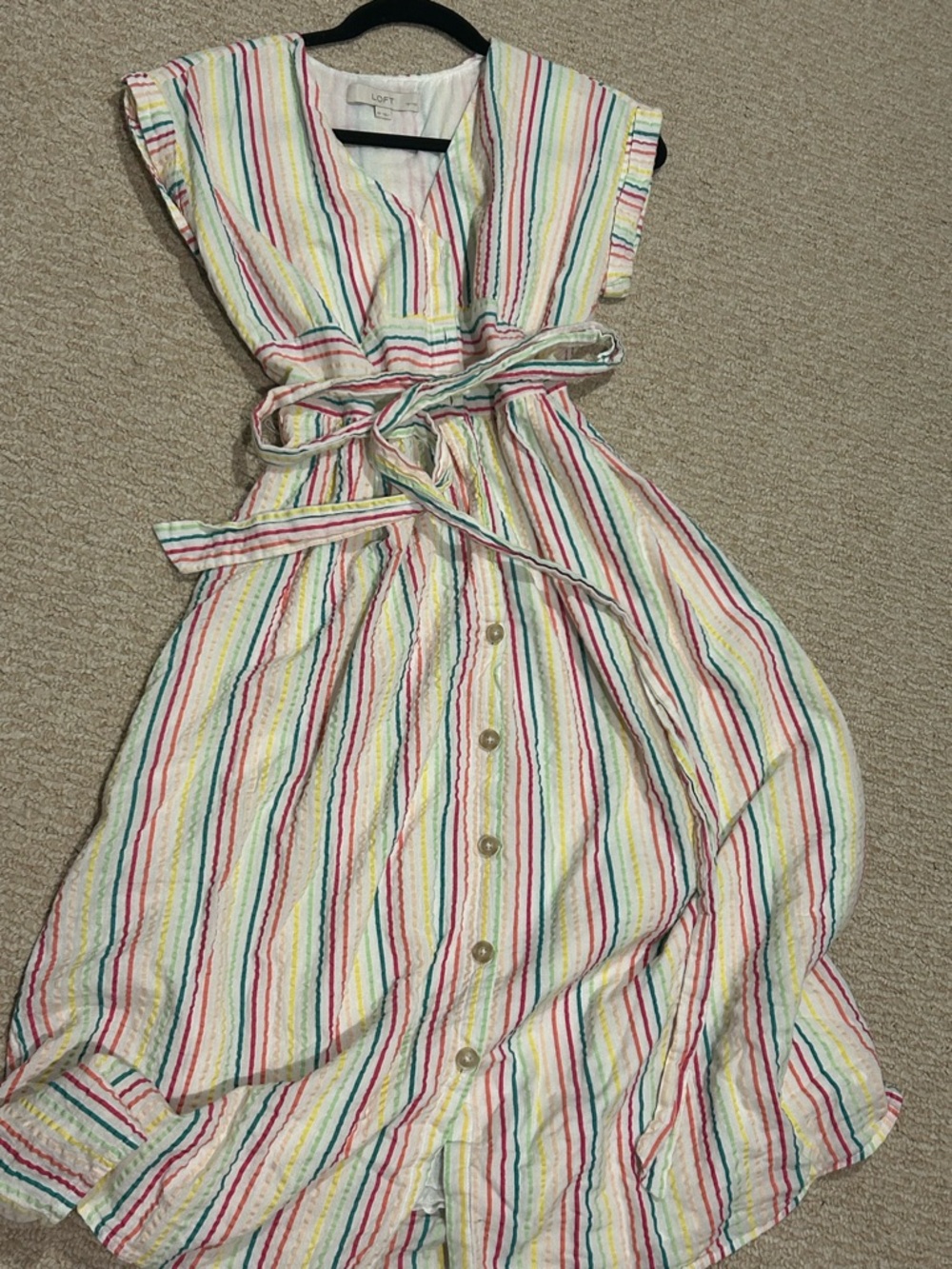 LOFT White Midi Dress with Red, Yellow, Green & Blue Stripes